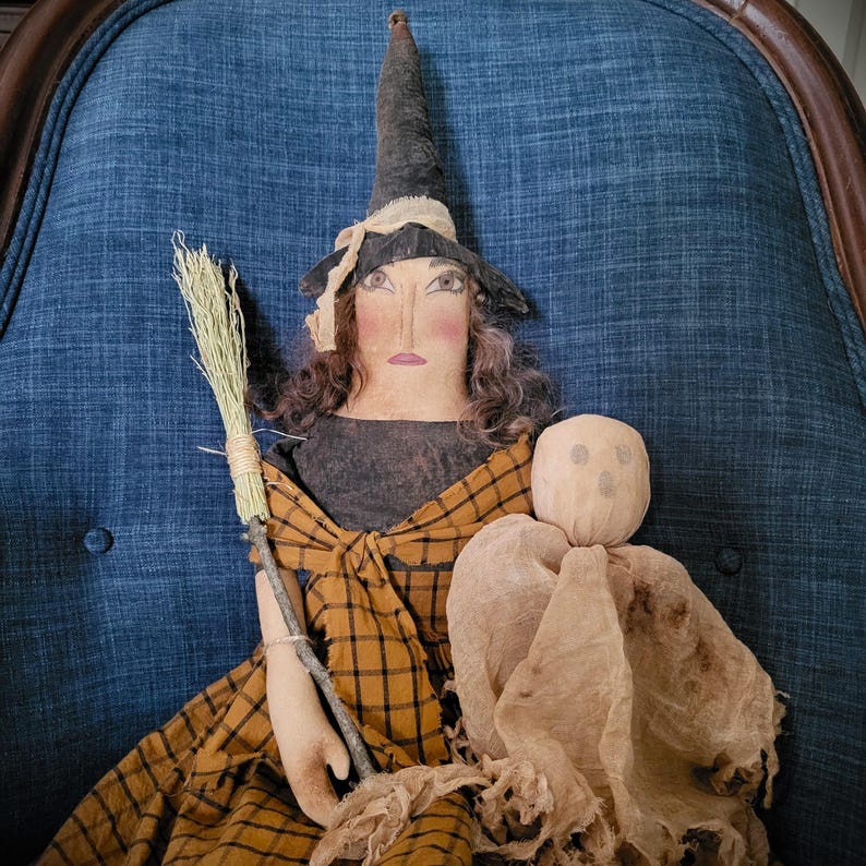 Primitive Witch Folk Art Doll Halloween Autumn Fall Broom Ghost - Etsy