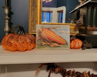 Primitive Thanksgiving Vintage Postcard Print Corn Husk Canvas Cupboard Tuck