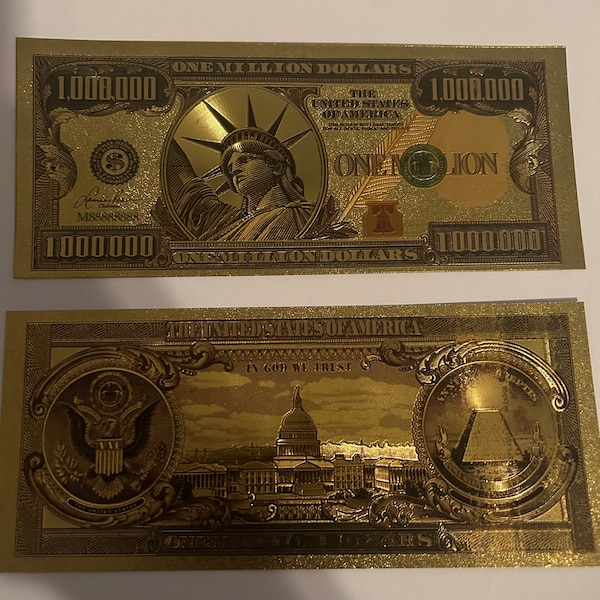 Gouden miljoen dollarbiljet, gouden bankbiljet, één miljoen, geld gouden notitie, nieuwigheidsgeld, vrijheidsbeeld, souvenir, manifest, overvloed