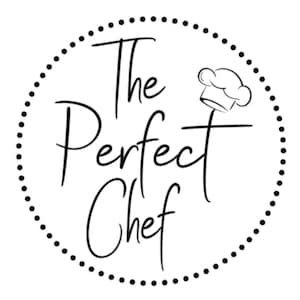 May include: A black and white logo featuring the text "The Perfect Chef" in a cursive font, encircled by a dotted line. A chef's hat graphic is positioned above the word "Chef".