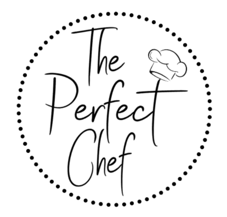 May include: A black and white logo featuring the text "The Perfect Chef" in a cursive font, encircled by a dotted line. A chef's hat graphic is positioned above the word "Chef".
