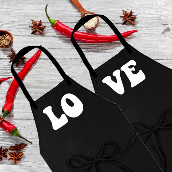 Matching Love Aprons, LO VE Matching Aprons, Kitchen Gift for Couples, Couples Cooking Gift