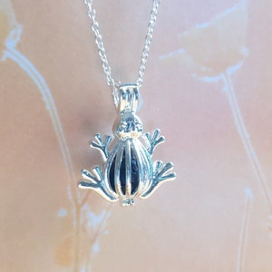 May include: Silver frog charm necklace with a delicate chain. The frog charm is open and has a cage-like design.