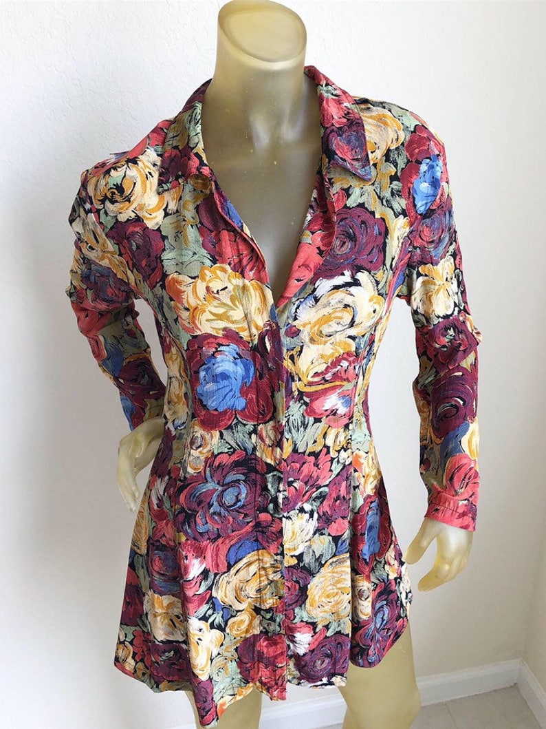 Paris Blues 90's Long Sleeve Floral Mini Shirtdress S-M image 9