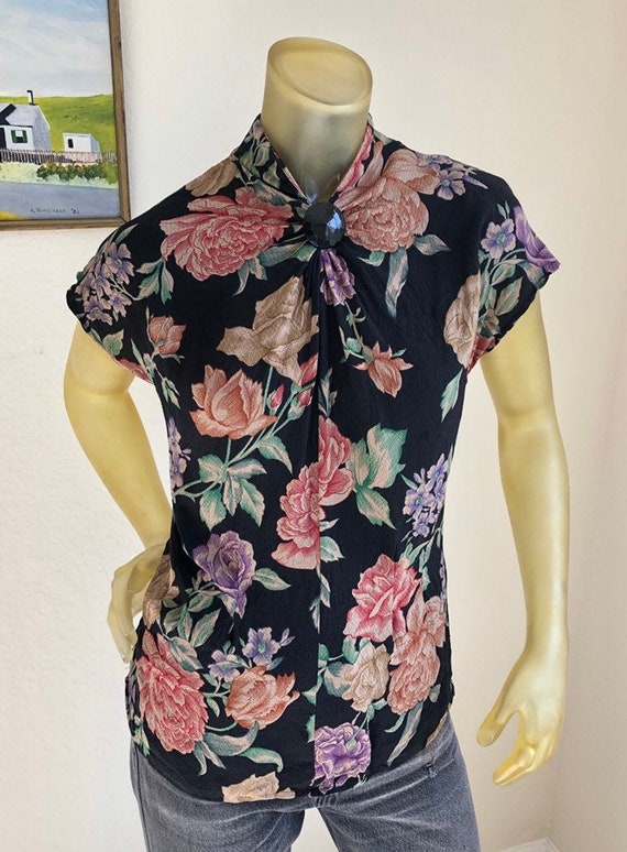 Mary Ann Restivo 80's Floral Silk Blouse, Medium