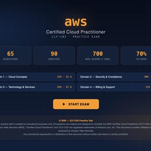Peut inclure: Un écran bleu foncé affiche les informations de l'examen pratique AWS Certified Cloud Practitioner. Il comprend le nombre de questions, le temps imparti, le score minimum et le pourcentage de réussite. Des sections portent sur les concepts du cloud, la sécurité, la technologie et la facturation.