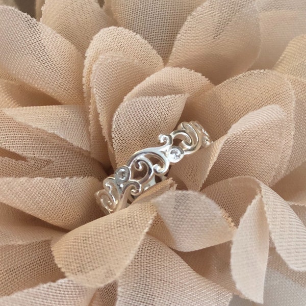 Swirl Band with CZ / Scroll Work Ring / CZ Silver Band / Fancy Scroll Ring / Cubic Zirconia Vine Ring / CZ Eternity Wedding Band / 5mm wide