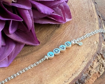 Sterling Silver LOVE Bracelet, Beaded Word Charm, Layering Jewelry