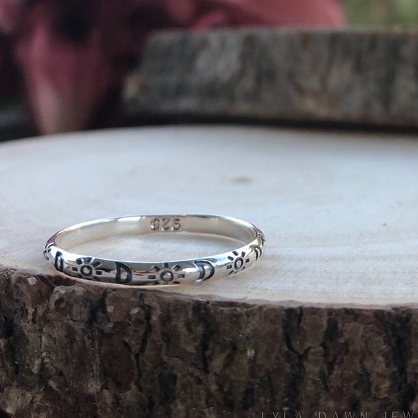 Oxidized Sun and Moon Stacking Ring / 925 Sterling Silver Stack Ring / Dainty Stamped Band / Celestial Band / 2mm