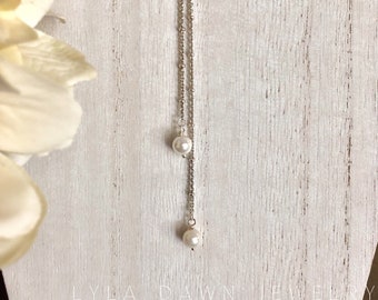 Pearl Lariat Necklace / Oxidized Sterling Silver Pearl Y Necklace / Double Drop Pearl Necklace / Beaded Pearl Necklace / Layering Necklace