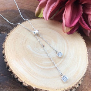 Adjustable Lariat Necklace / Square CZ Gemstone Y Necklace / Princess Cut CZ Drops / 925 Silver Layering Necklace / 28” Sliding Necklace