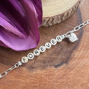 Sterling Silber Nachricht Armband / “Forever” Wort Armband / Strukturiertes Längliches Link / Inspirierendes Armband / Bettelarmband / Verstellbar