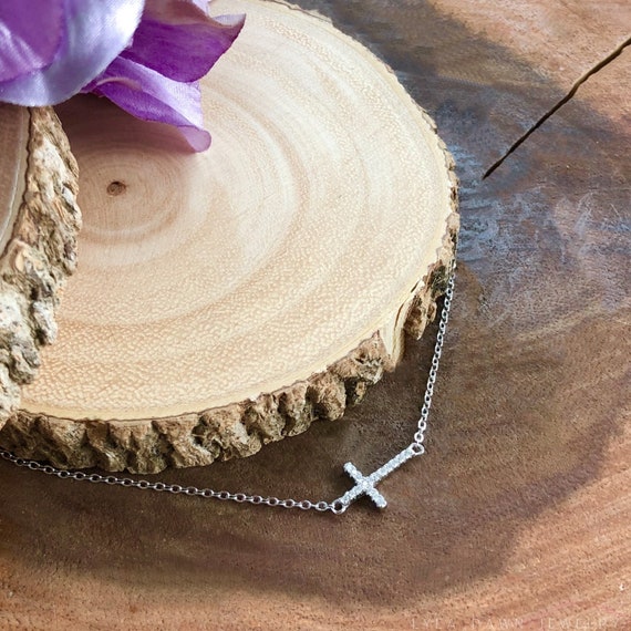 Sterling Silver Tiny Cross Necklace Cubic Zirconia East West