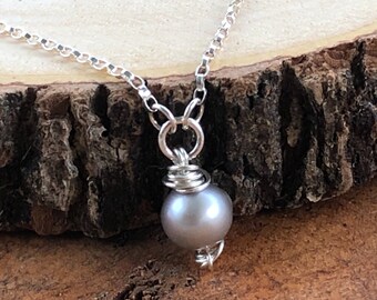 Sterling Silver Wire-Wrapped Gray Pearl Necklace, Bridesmaid Gift