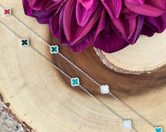 925 Sterling Silver 14 Station Clover Necklace / CZ Quatrefoil Necklace / Multi Color Stones / Clover Motif / Layering Necklace / 36" Long