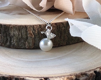 Sterling Silver Butterfly Pearl Necklace / 925 Sterling Silver Butterfly Pendant / Synthetic Pearl Pendant / June Birthstone / Adjustable