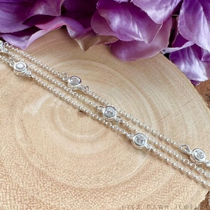 CZ Station Triple Strand Bracelet / Bezel Set Cubic Zirconia Bracelet / Multi Strand Chain Bracelet / 7 Stone Bracelet / Layered