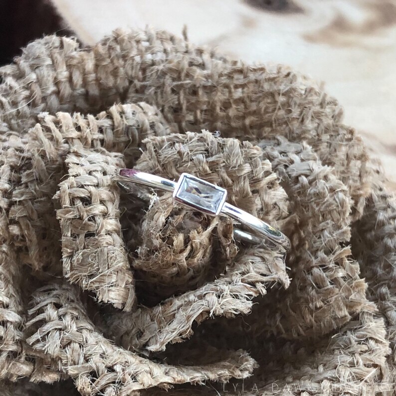 East West Cubic Zirconia Band Horizontal Baguette Ring Bezel Set CZ Stackable CZ Band Minimalist CZ Ring Size 7 April Birthstone