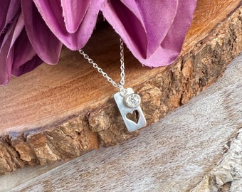 Sterling Silver Heart Tag Necklace, CZ Charm - Dainty Love Pendant
