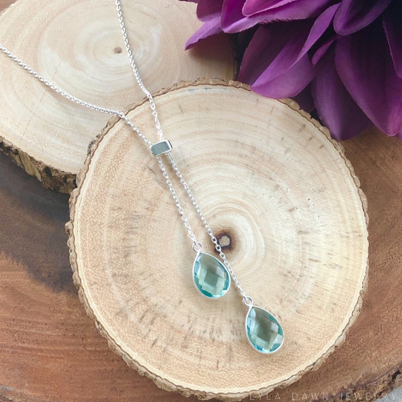 Sterling Silver Adjustable Lariat Necklace / Cascading Gemstone Y Necklace / Pear Shaped Aqua Quartz Necklace / Teardrop Sliding Necklace image 4