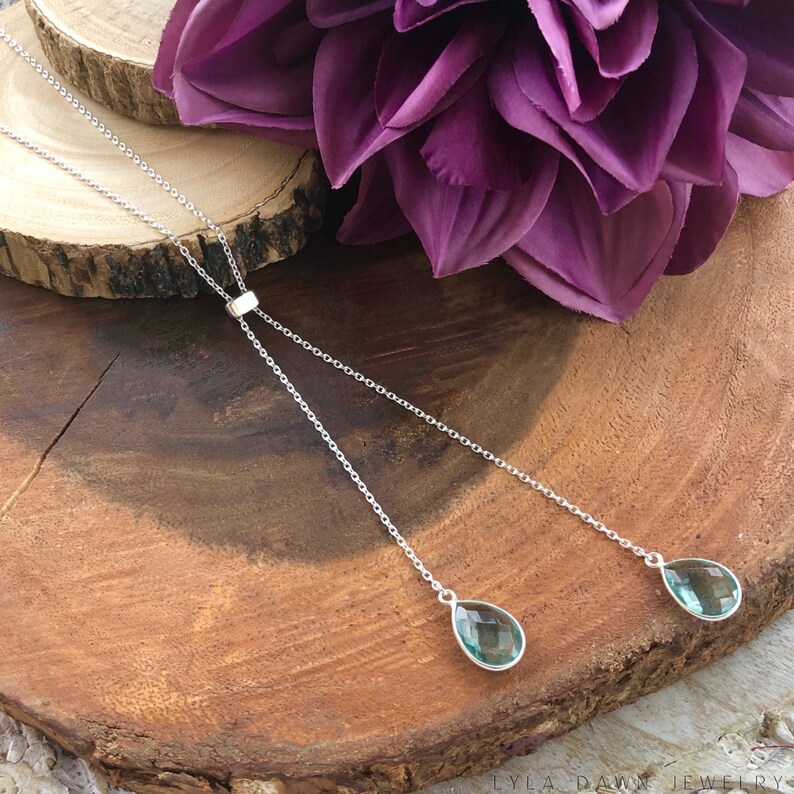 Sterling Silver Adjustable Lariat Necklace / Cascading Gemstone Y Necklace / Pear Shaped Aqua Quartz Necklace / Teardrop Sliding Necklace image 3