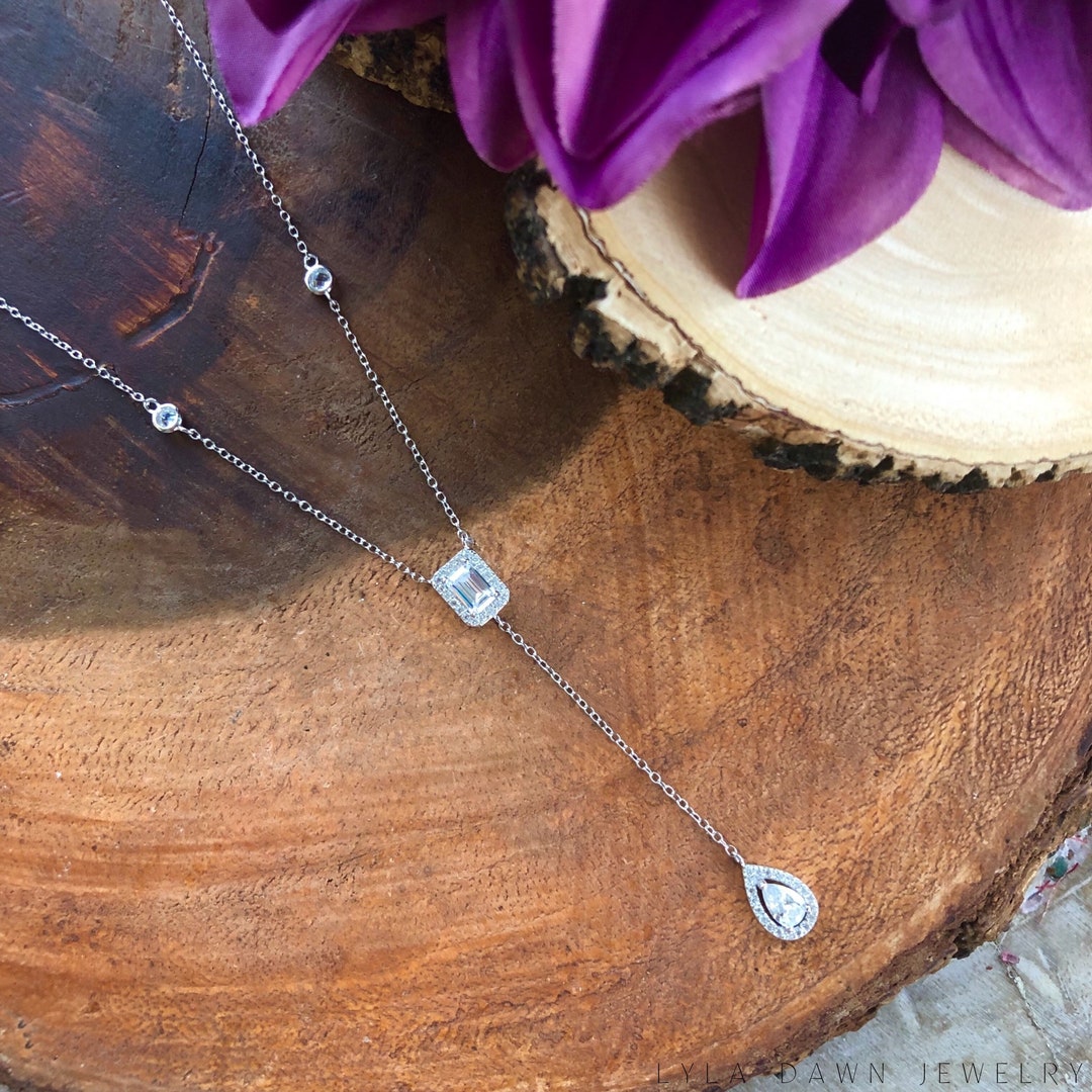 Sterling Silver Cubic Zirconia Y Necklace / Bridal CZ Halo Etsy
