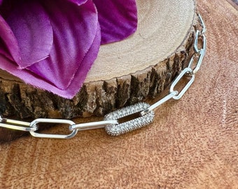 Sterling Silver Paperclip Chain Bracelet, CZ Pave Link, Adjustable