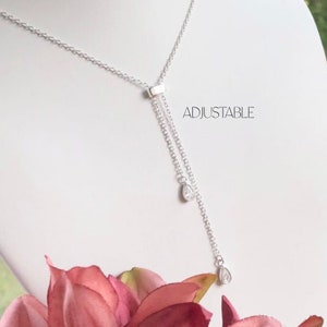 Adjustable Lariat Necklace / Cascading CZ Gemstone Y Necklace / Pear shaped CZ Drops / 925 Silver Layering Necklace / 28” Sliding Necklace