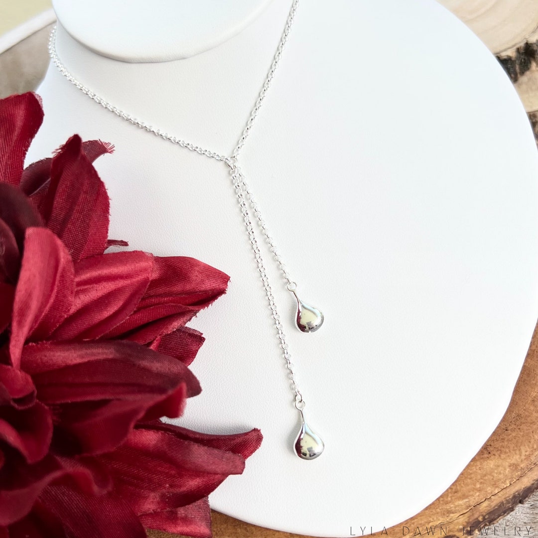 Sterling Silver Lariat Necklace / Cascading Teardrops Y Necklace