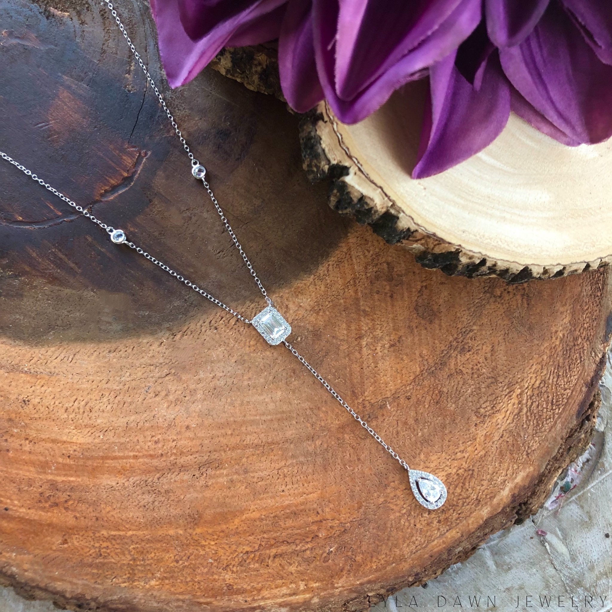 Sterling Silver Cubic Zirconia Y Necklace / Bridal CZ Halo Etsy