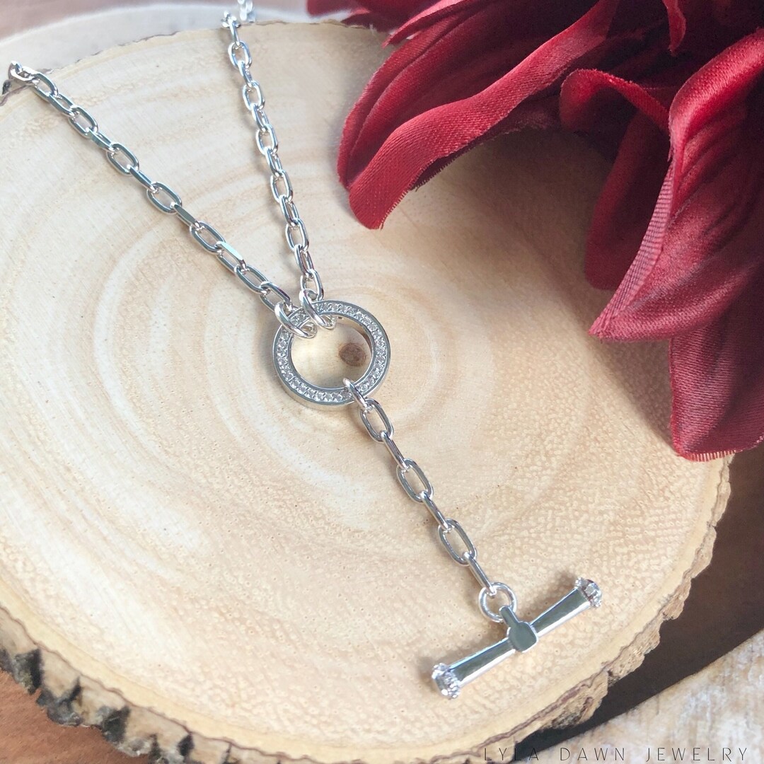 Paperclip Y Necklace / 925 Sterling Silver CZ Circle Lariat Necklace