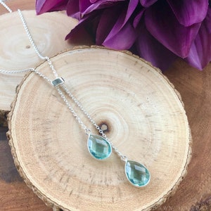 Sterling Silver Adjustable Lariat Necklace / Cascading Gemstone Y Necklace / Pear Shaped Aqua Quartz Necklace / Teardrop Sliding Necklace