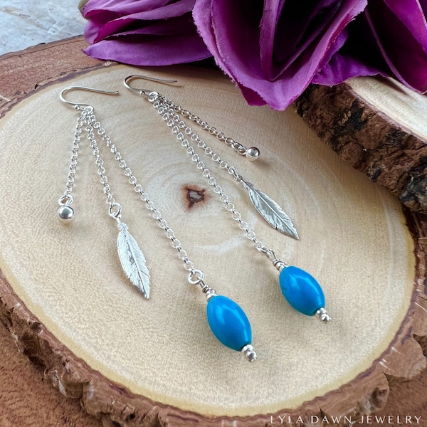 Multi-Chain Drop Earrings / Natural Turquoise Beaded Earrings / 925 Sterling Silver Feather Dangle Earrings / Southwestern Earrings / Boho