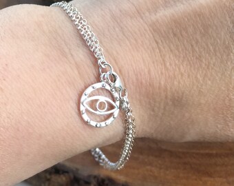 Triple Strand Evil Eye Link Bracelet / 925 Sterling Silver Eye Bracelet / Multi Strand Chain Bracelet / Multi Strand Charm Bracelet / 7.5”