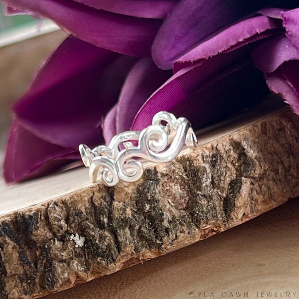 Fancy Scroll Work Ring / 925 Sterling Silver Openwork Band / Openwork Swirl Band / Fancy Scroll Ring / Silver Vine Ring / Eternity Band