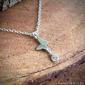 Cubic Zirconia Butterfly Necklace / Sterling Silver Dainty Butterfly Pendant / CZ Drop Charm / Floating Butterfly with CZ Dangle Charm