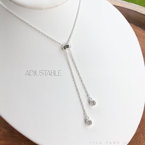 Sterling Silver Adjustable Lariat Necklace / Cascading CZ Gemstone Y Necklace / Bolo Necklace / Layering Necklace / 28” Sliding Necklace