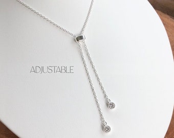 Sterling Silver Adjustable Lariat Necklace / Cascading CZ Gemstone Y Necklace / Bolo Necklace / Layering Necklace / 28” Sliding Necklace