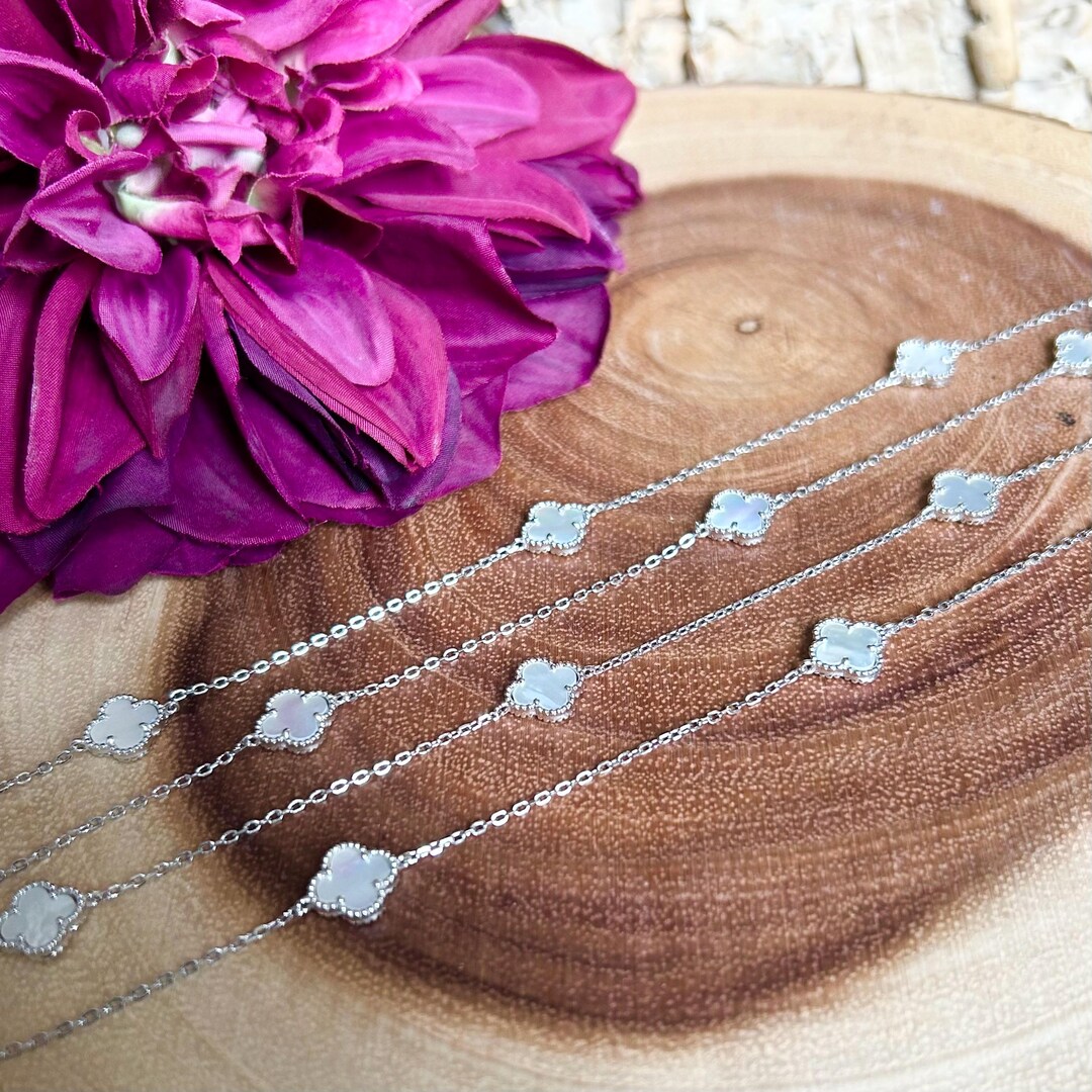 925 Sterling Silver 14 Station Clover Necklace / Mother of Pearl ...