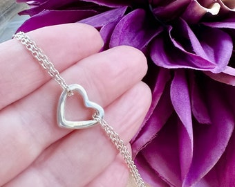 Double Strand Heart Bracelet / 925 Sterling Silver Heart Bracelet / Charm Bracelet / Open Heart Link Bracelet / Love / 8” / Gift for Her