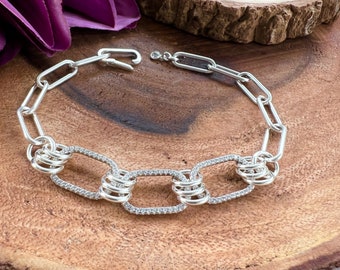 Sterling Silver Paperclip Chain Bracelet, Cubic Zirconia CZ Links