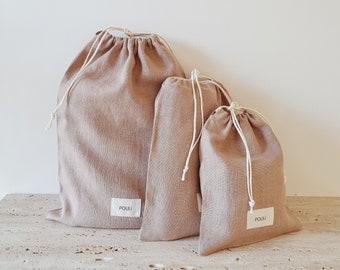 Lot de 3 pochettes en lin | Housses à vêtements | Sacs de rangement écologiques | Sacs de rangement en pur lin avec cordons de serrage