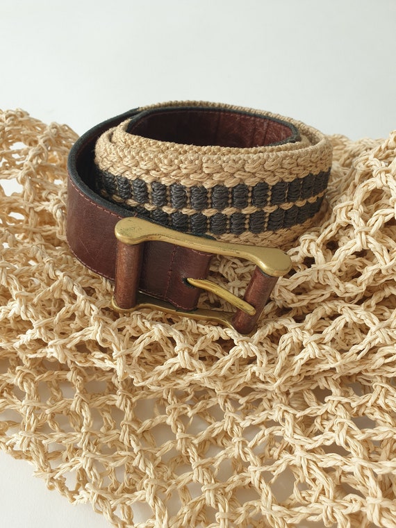 Brown Leather and Jute Elasticated Belt | Vintage