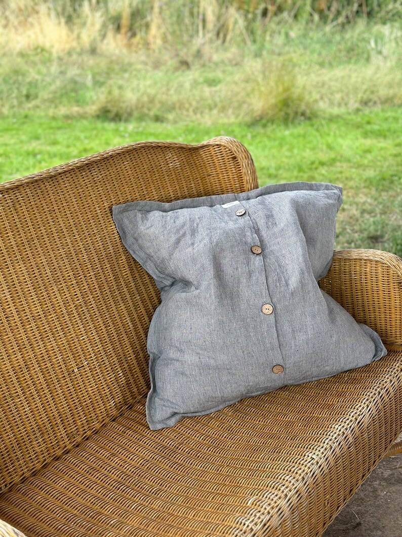 Linen Cushion Cover with Coconut shell buttons Linen Pillowcase image 4