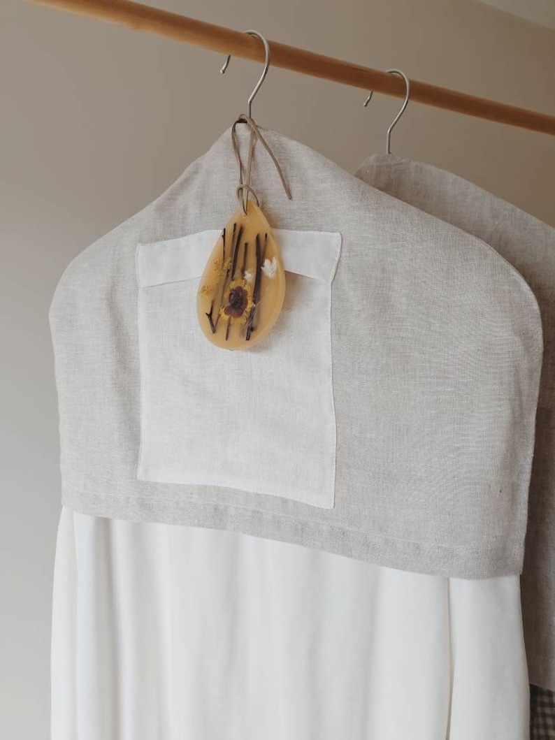 Linen Hanger Cover with a pocket for botanical aroma sachets Herbal Linen Hanger Cover Garment storage image 4