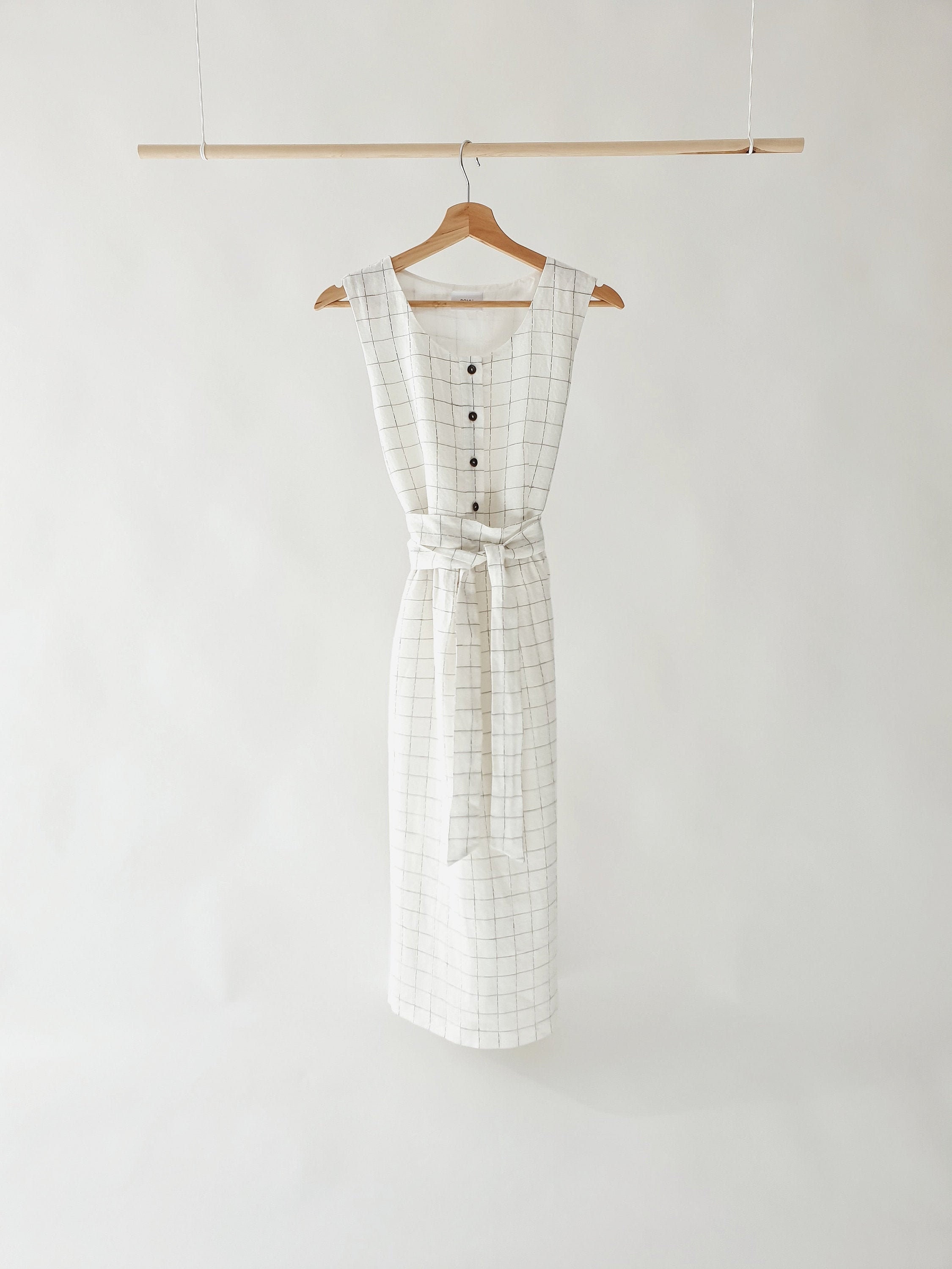 Linen Checkered Dress | Soft White Black, Handmade in England