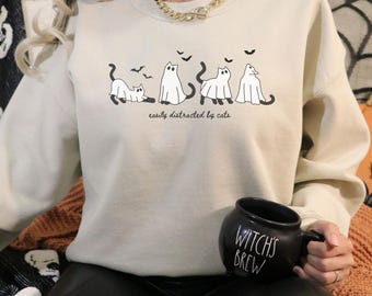 Halloween Ghost Cat Sweatshirt, Spooky Season Crewneck