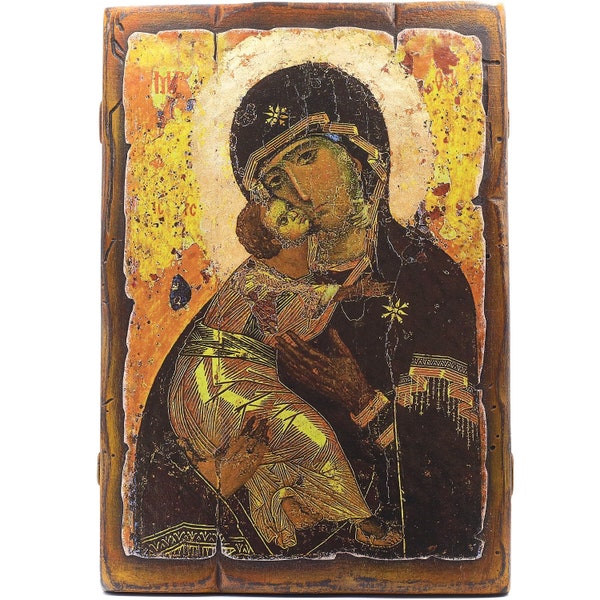 Handmade Wooden Orthodox Icon - Vladimir The Mother of God. Size – 11.4''х7.9'' (29 cm 20 cm). Authentic Traditional Style & Vintage Effect