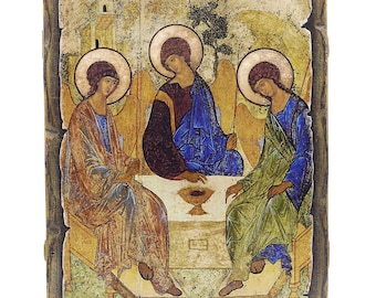Handmade Wooden Orthodox Icon - Holy Trinity by Andrei Rublev - Size 10.2''х7.9'' (26cmх20cm) - Authentic Traditional Style & Vintage Effect