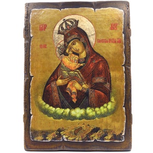 Handmade Wooden Orthodox Icon - Pochaev The Mother of God - Size 11&#39;&#39;х7.9&#39;&#39; (28 cm х 20 cm) - Authentic Traditional Style & Vintage Effect